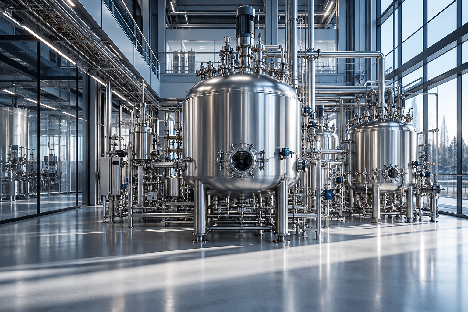 Visualização ilustrativa de equipamentos e tubulações de aço inox em ambiente industrial farmacêutico